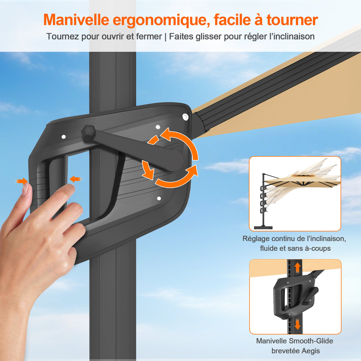 Parasol déporté Patioslife Aegis Pro™ avec base et housse de protection — Baleines en fibre de verre et mât en aluminium à revêtement thermolaqué pour jardin et terrasse