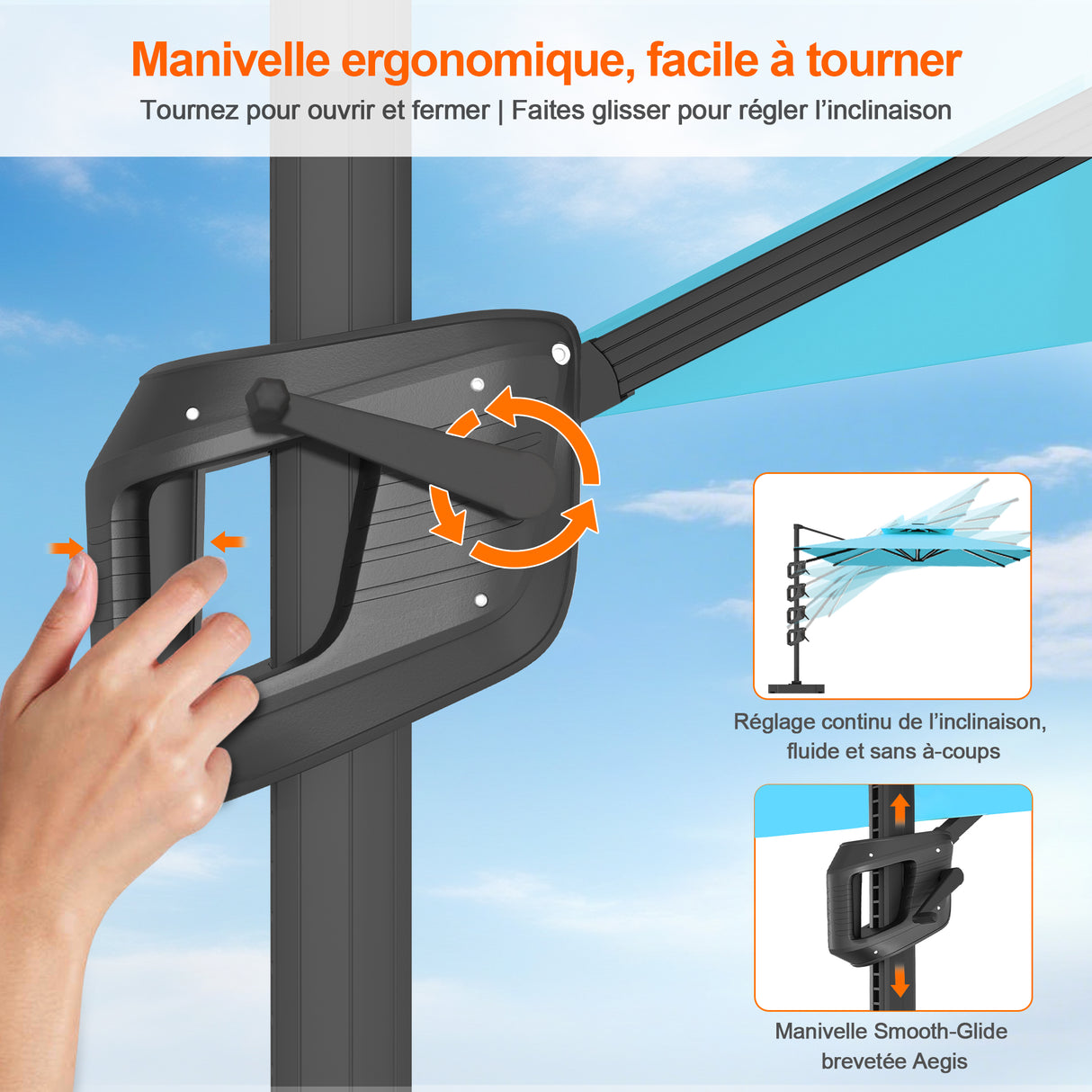 Parasol déporté Patioslife Aegis Pro™ avec base et housse de protection — Baleines en fibre de verre et mât en aluminium à revêtement thermolaqué pour jardin et terrasse