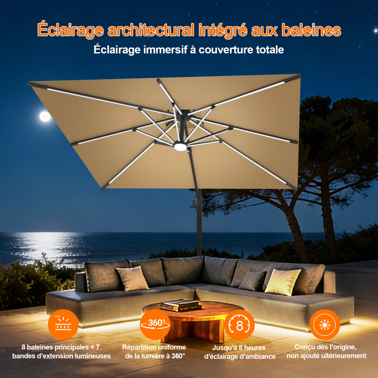 Patioslife Aegis – Parasol déporté Premium avec éclairage LED intégré, base croisée en métal et baleines en fibre de verre