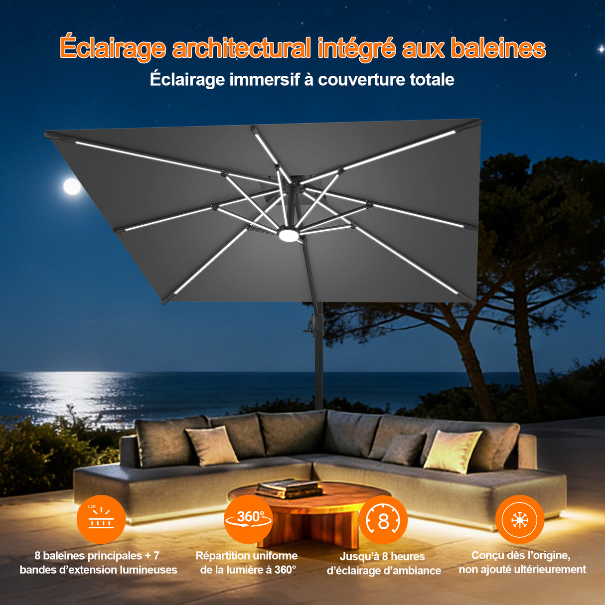 Patioslife Aegis – Parasol déporté Premium avec éclairage LED intégré, base croisée en métal et baleines en fibre de verre