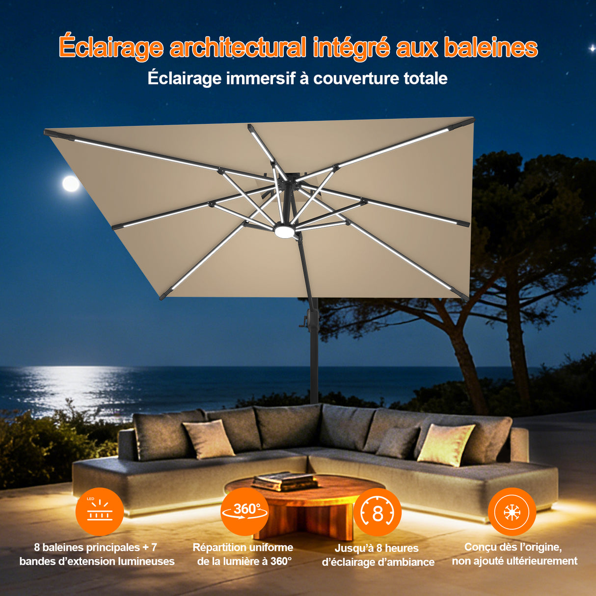 Patioslife Aegis – Parasol déporté Premium avec éclairage LED intégré, base croisée en métal et baleines en fibre de verre