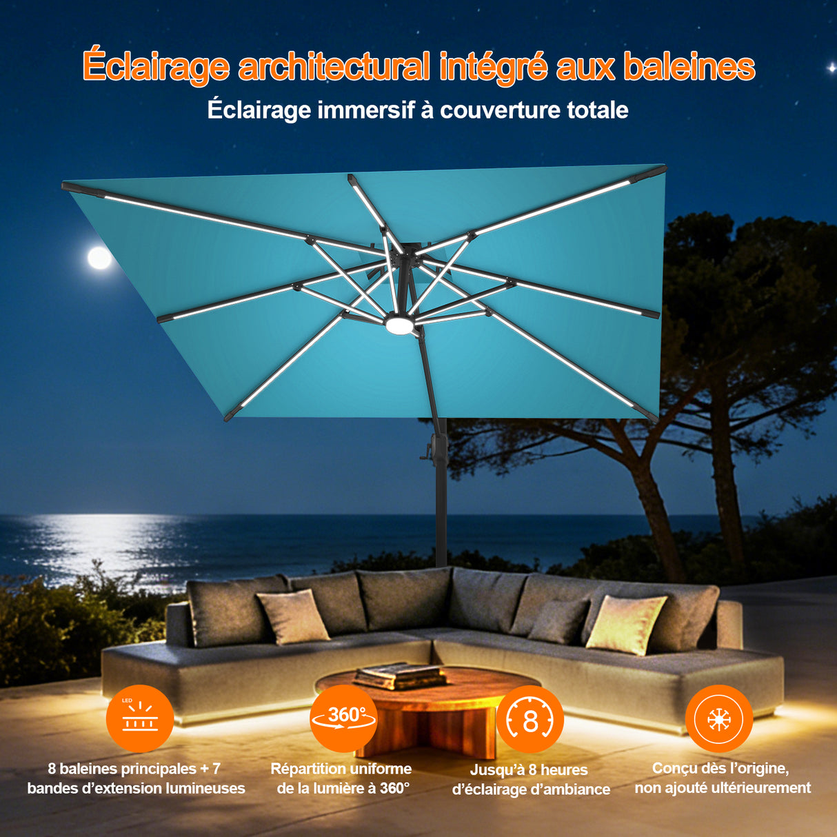 Patioslife Aegis – Parasol déporté Premium avec éclairage LED intégré, base croisée en métal et baleines en fibre de verre