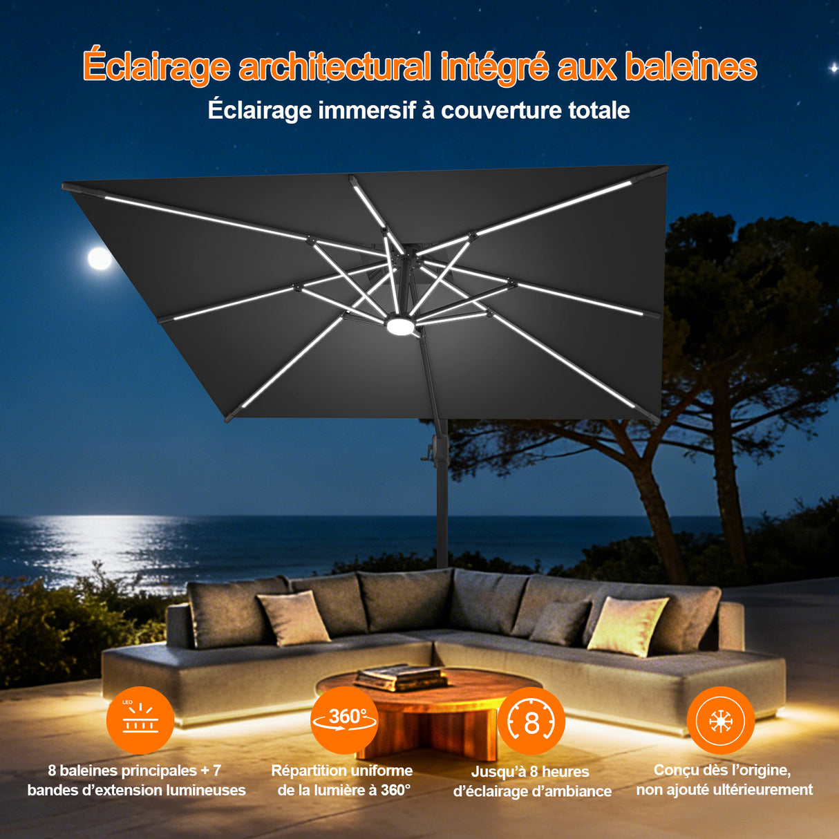 Patioslife Aegis – Parasol déporté Premium avec éclairage LED intégré, base croisée en métal et baleines en fibre de verre
