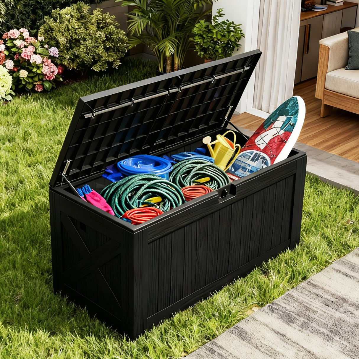 Coffre de rangement en résine – grand, résistant aux intempéries, anti-UV et verrouillable, idéal pour les coussins, les outils de jardin et les accessoires de piscine.
