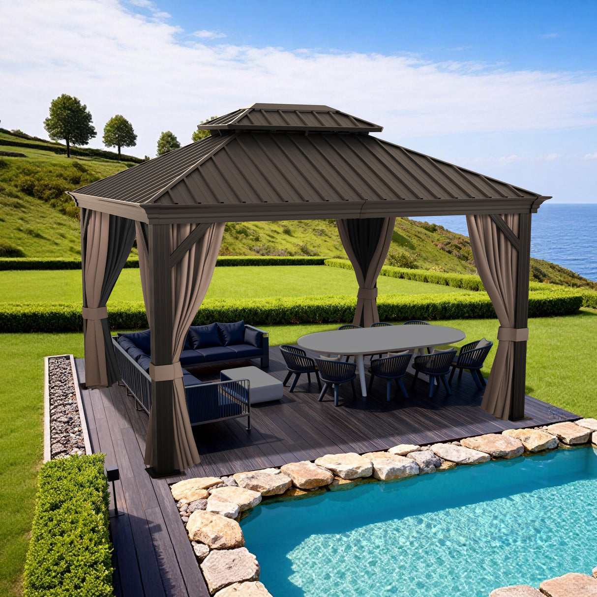 Patioslife Haven | Tonnelle / Pergola / Pavillon – Votre Salle à Manger Extérieure : Toit Doublement Ventilé Spécial BBQ, Structure Robuste Sans Entretien, Terrasse & Patio,Gris