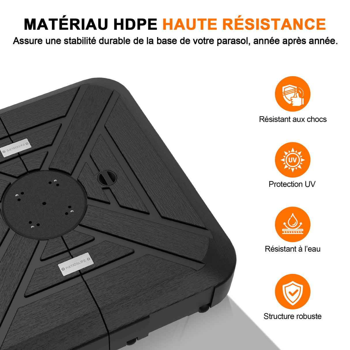 Socle de parasol déporté Patioslife™ avec roues (115–200 kg) pour parasol série Aegis — Support roulant extérieur robuste avec poids en HDPE rechargeables et roues, pour une stabilité optimale sur terrasse, jardin et bord de piscine