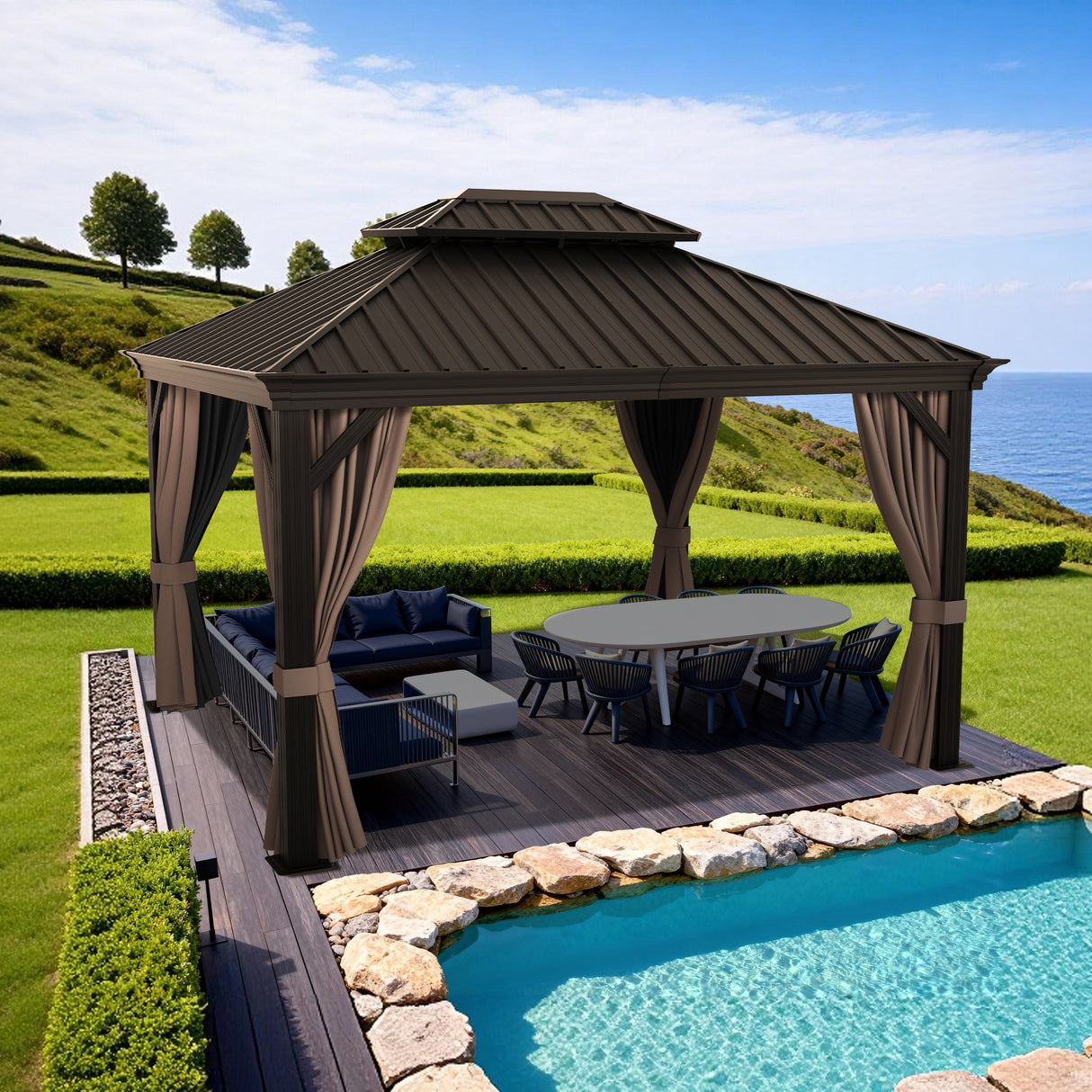 Patioslife Haven | Tonnelle de Jardin en Aluminium à Toit Rigide, Pergola & Pavillon avec Double Aération, Gouttières et Rideaux pour Terrasse