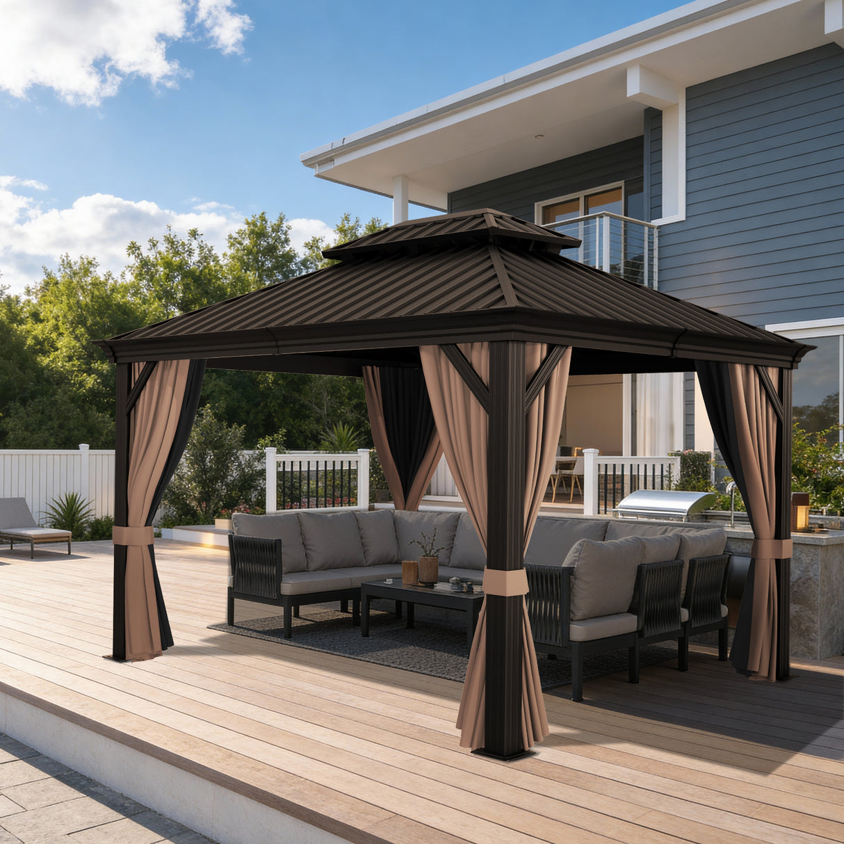 Patioslife Haven | Tonnelle de Jardin en Aluminium à Toit Rigide, Pergola & Pavillon avec Double Aération, Gouttières et Rideaux pour Terrasse