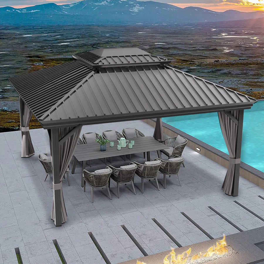 Patioslife Haven | Tonnelle de Jardin en Aluminium à Toit Rigide, Pergola & Pavillon avec Double Aération, Gouttières et Rideaux pour Terrasse