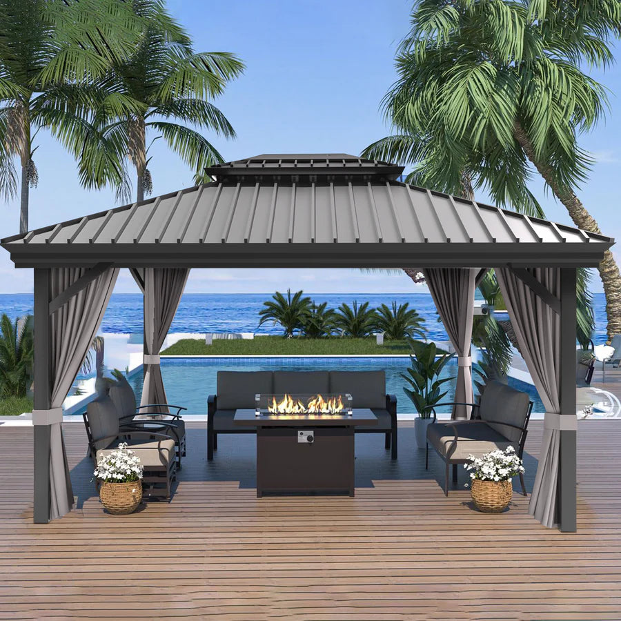 Patioslife Haven | Tonnelle de Jardin en Aluminium à Toit Rigide, Pergola & Pavillon avec Double Aération, Gouttières et Rideaux pour Terrasse