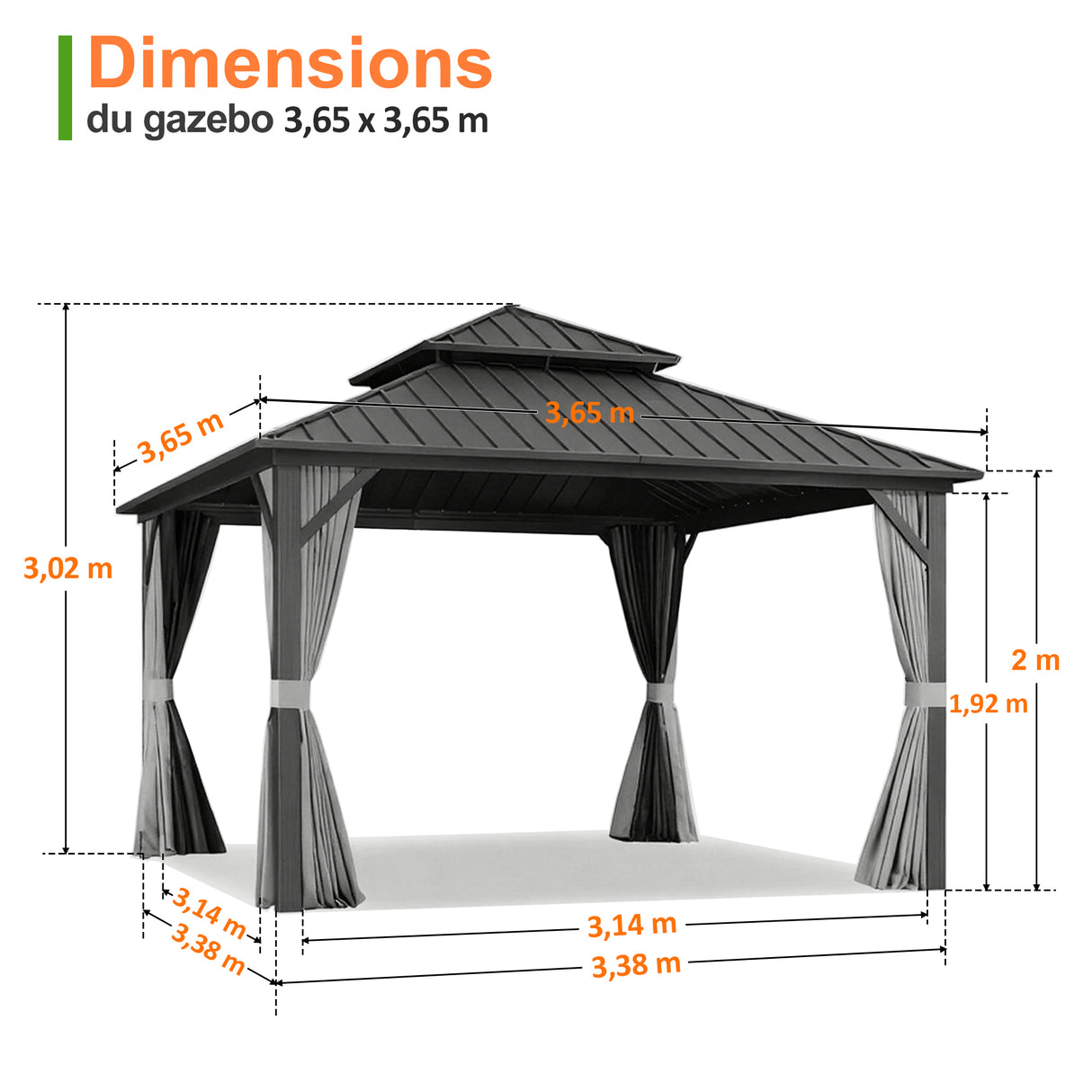 Patioslife Haven | Tonnelle de Jardin en Aluminium à Toit Rigide, Pergola & Pavillon avec Double Aération, Gouttières et Rideaux pour Terrasse