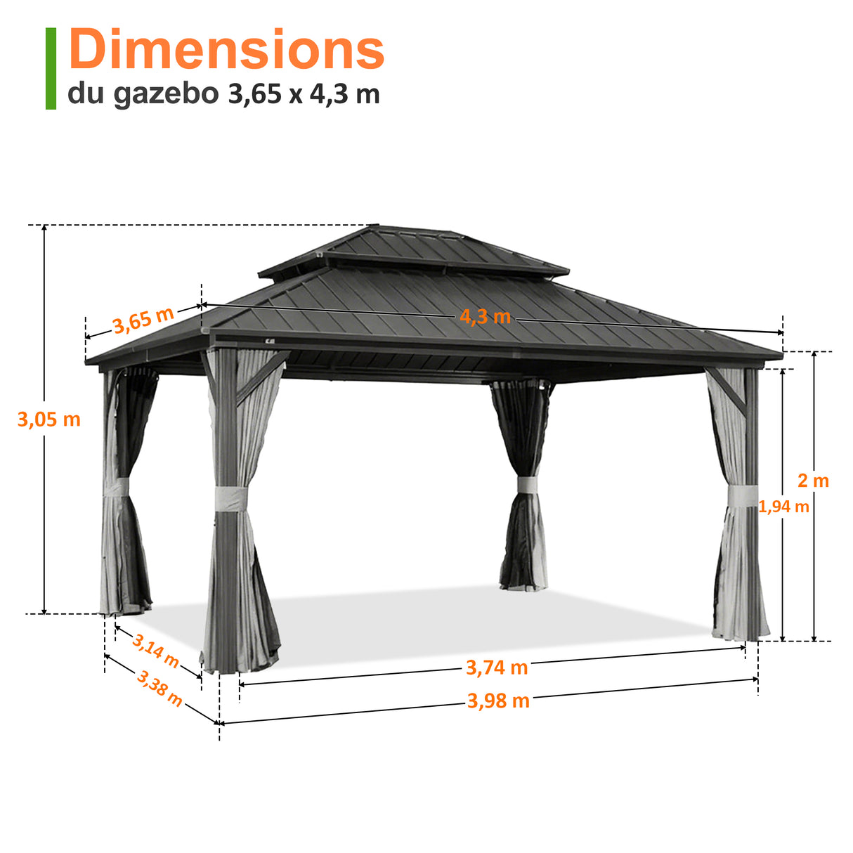 Patioslife Haven | Tonnelle de Jardin en Aluminium à Toit Rigide, Pergola & Pavillon avec Double Aération, Gouttières et Rideaux pour Terrasse
