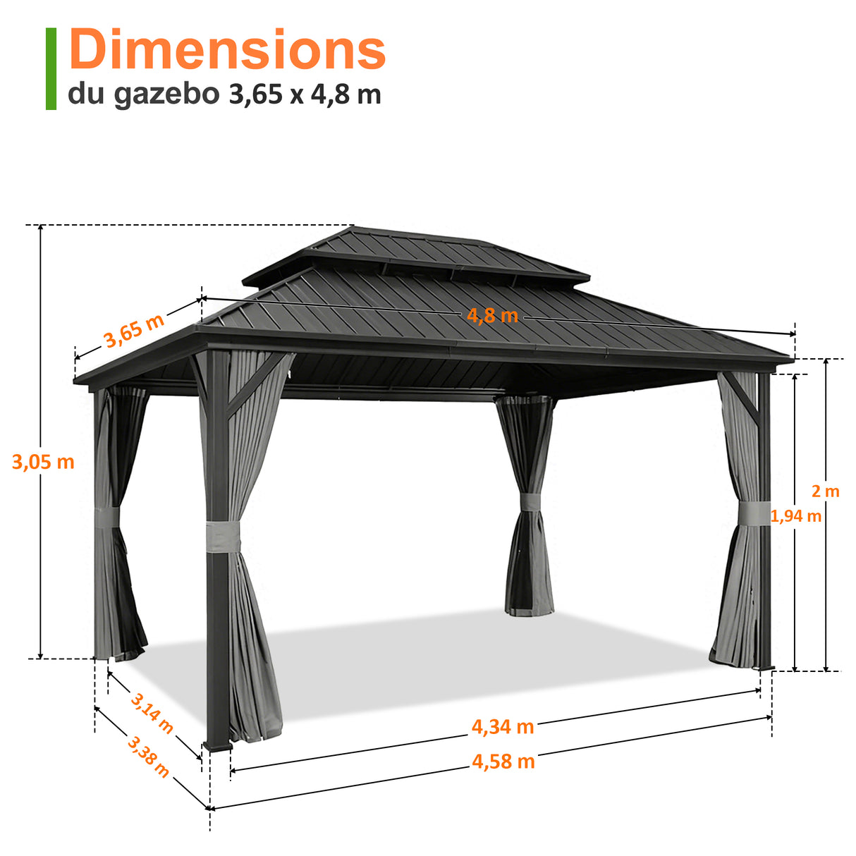 Patioslife Haven | Gazebo à toit rigide avec gouttières de drainage, structure en aluminium, toit doublement aéré et rideaux, pergola pour terrasse ou jardin.