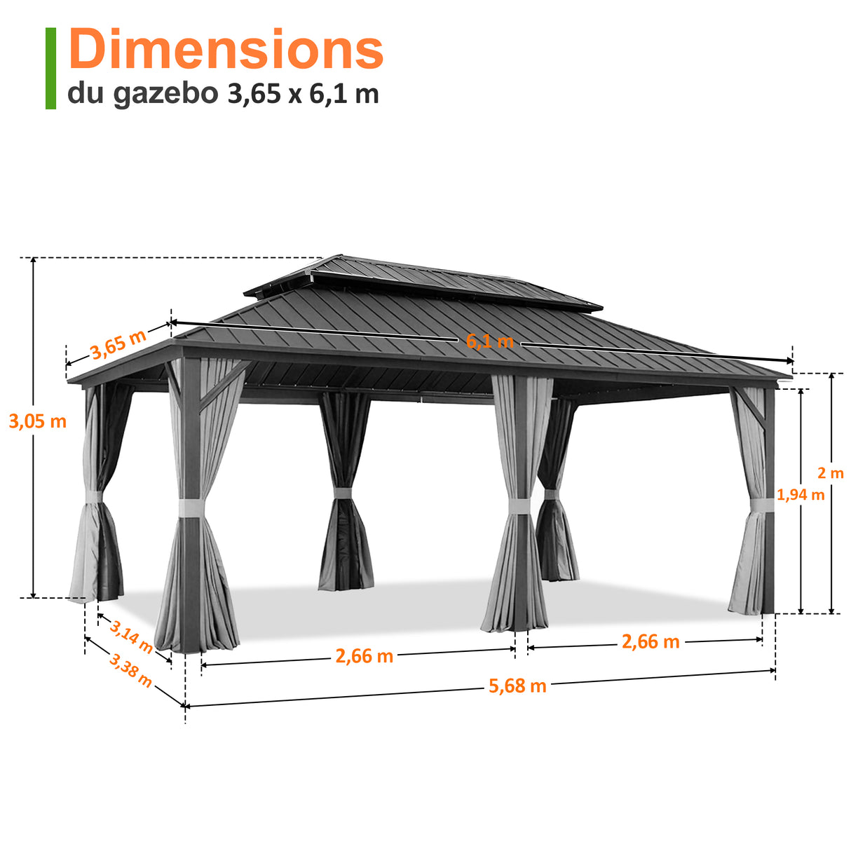 Patioslife Haven | Gazebo à toit rigide avec gouttières de drainage, structure en aluminium, toit doublement aéré et rideaux, pergola pour terrasse ou jardin.