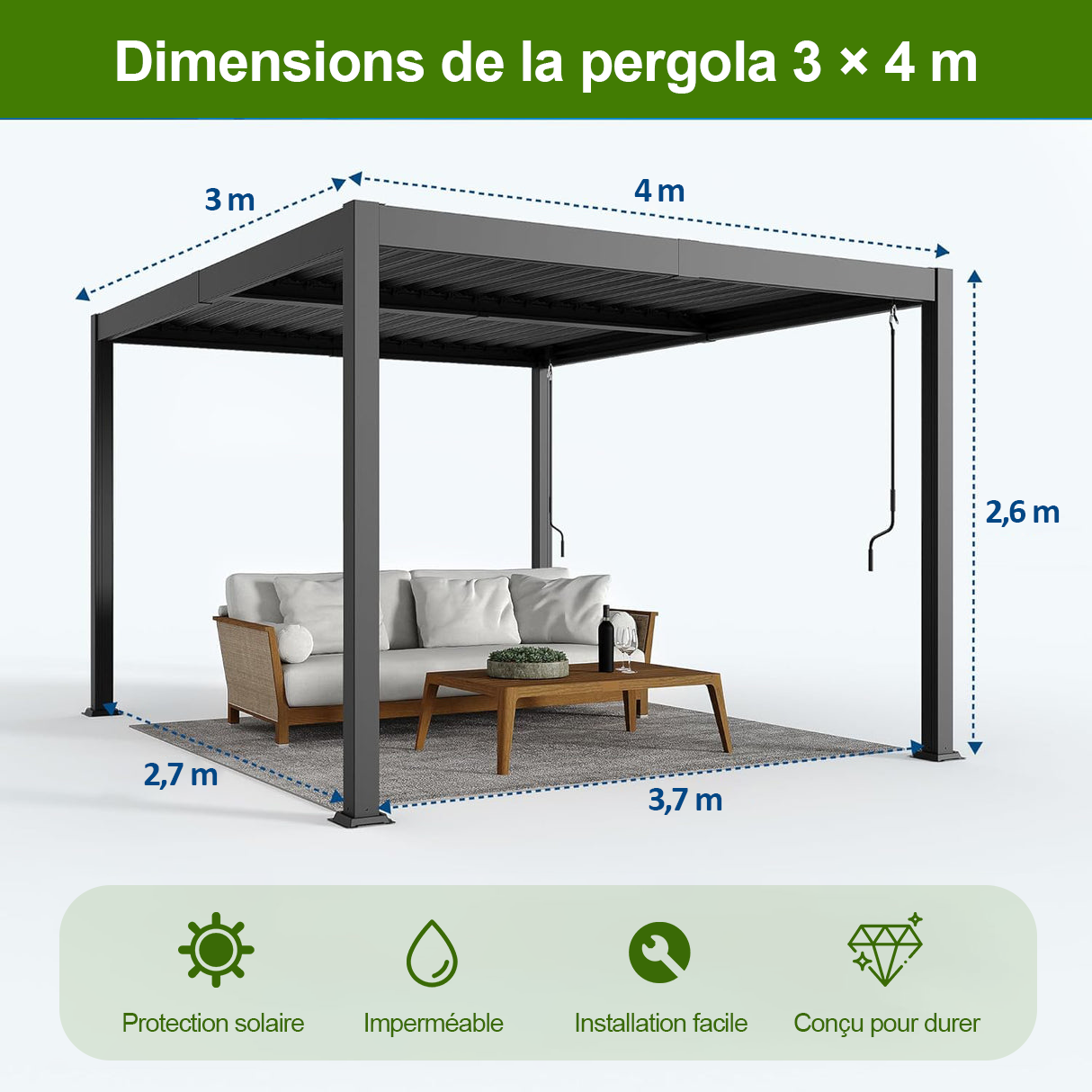 Patioslife Atlantic™ | Pergola à lames orientables en aluminium avec toit réglable et éclairage LED intégré, abri extérieur autonome pour terrasse, patio et piscine