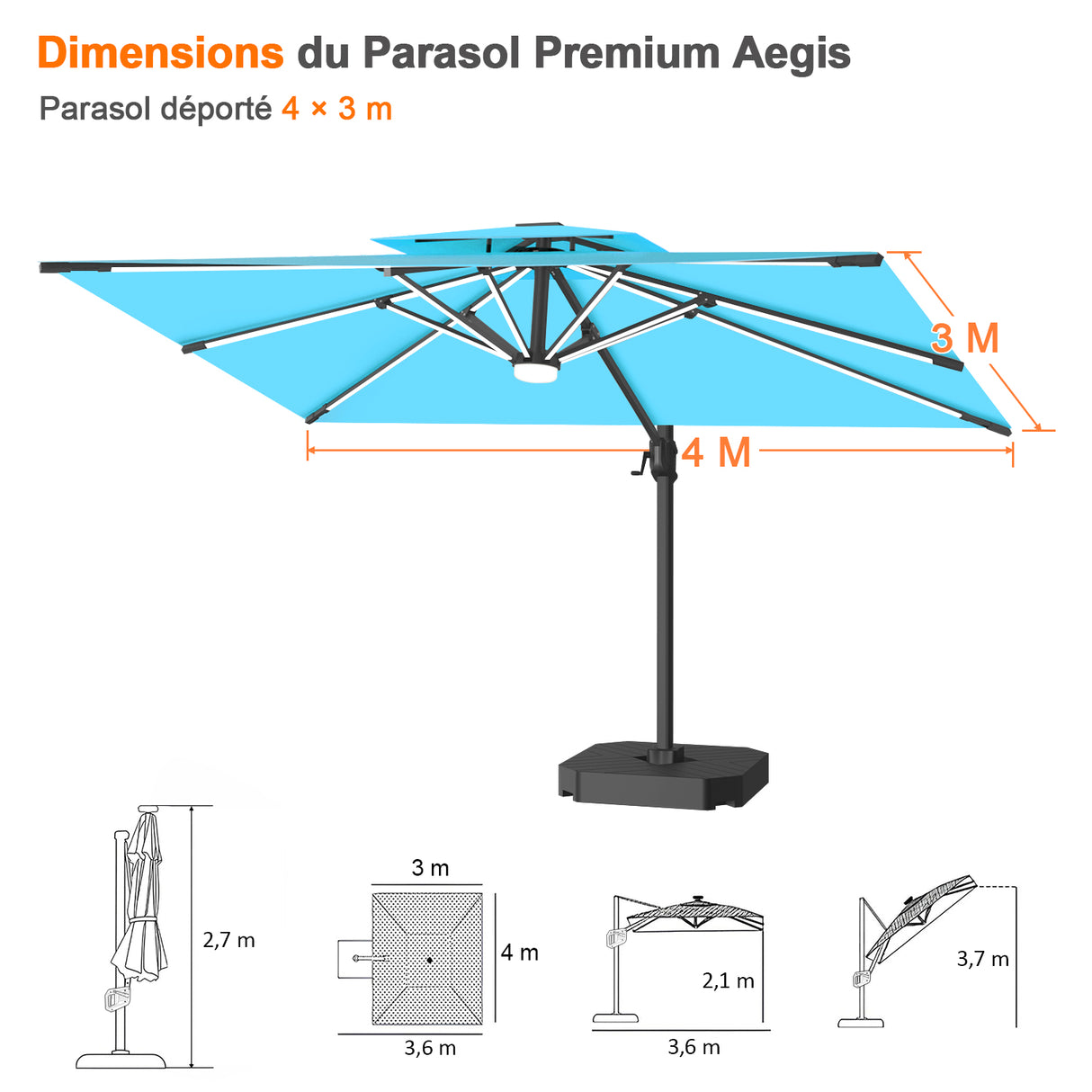 Patioslife Aegis – Parasol déporté Premium avec éclairage LED intégré, base croisée en métal et baleines en fibre de verre