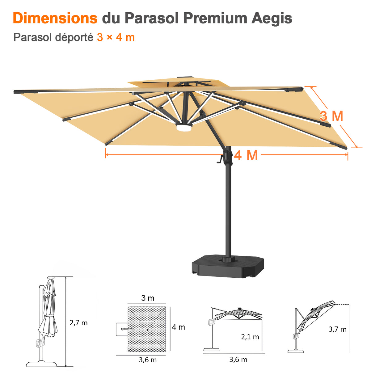 Patioslife Aegis – Parasol déporté Premium avec éclairage LED intégré, base croisée en métal et baleines en fibre de verre