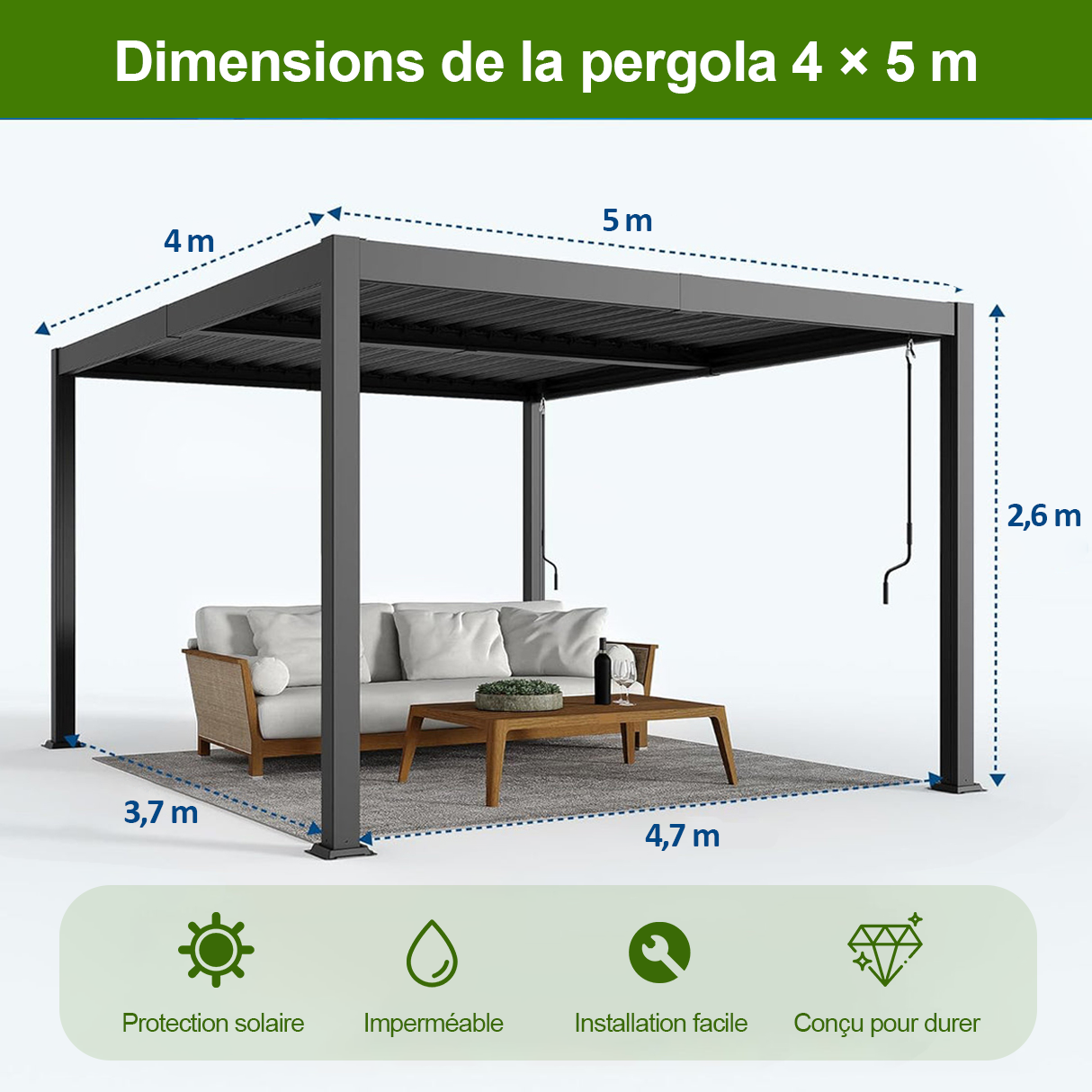 Patioslife Atlantic™ | Pergola à lames orientables en aluminium avec toit réglable et éclairage LED intégré, abri extérieur autonome pour terrasse, patio et piscine