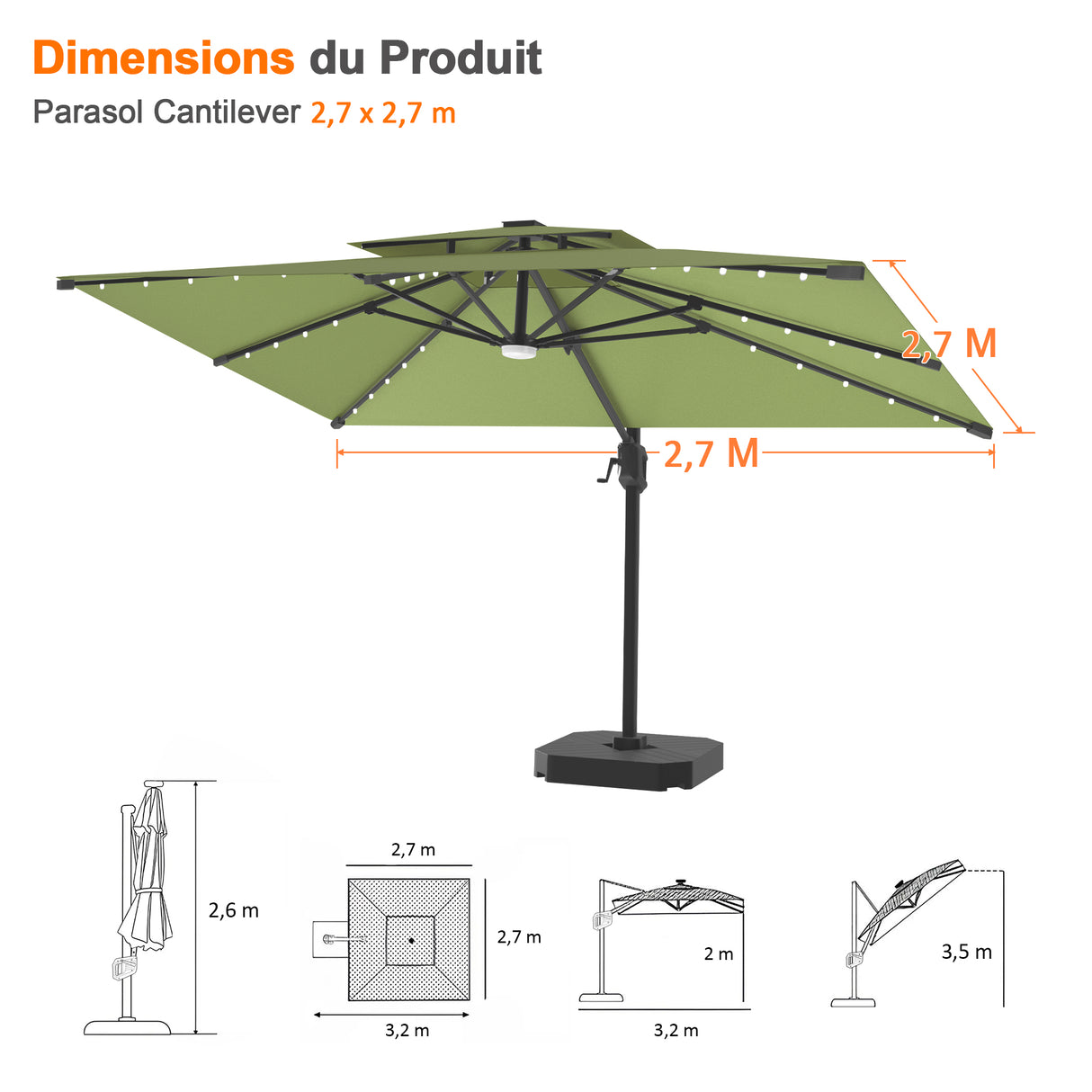 Parasol déporté Patioslife Aegis Pro avec éclairage LED et housse de protection, baleines et mât en aluminium à revêtement thermolaqué — Idéal pour jardins et terrasses