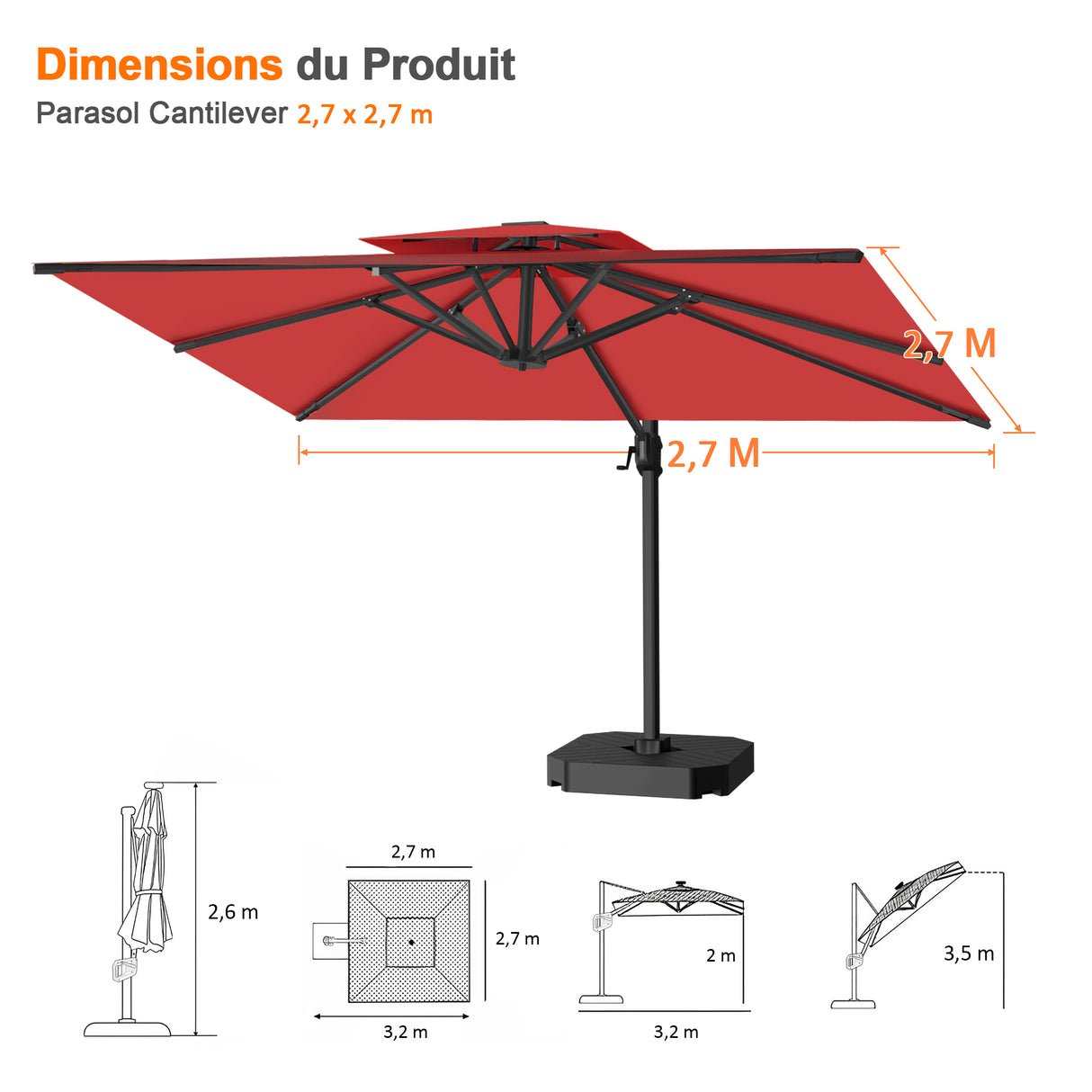 Parasol déporté Patioslife Aegis Pro™ avec base et housse de protection — Baleines en fibre de verre et mât en aluminium à revêtement thermolaqué pour jardin et terrasse
