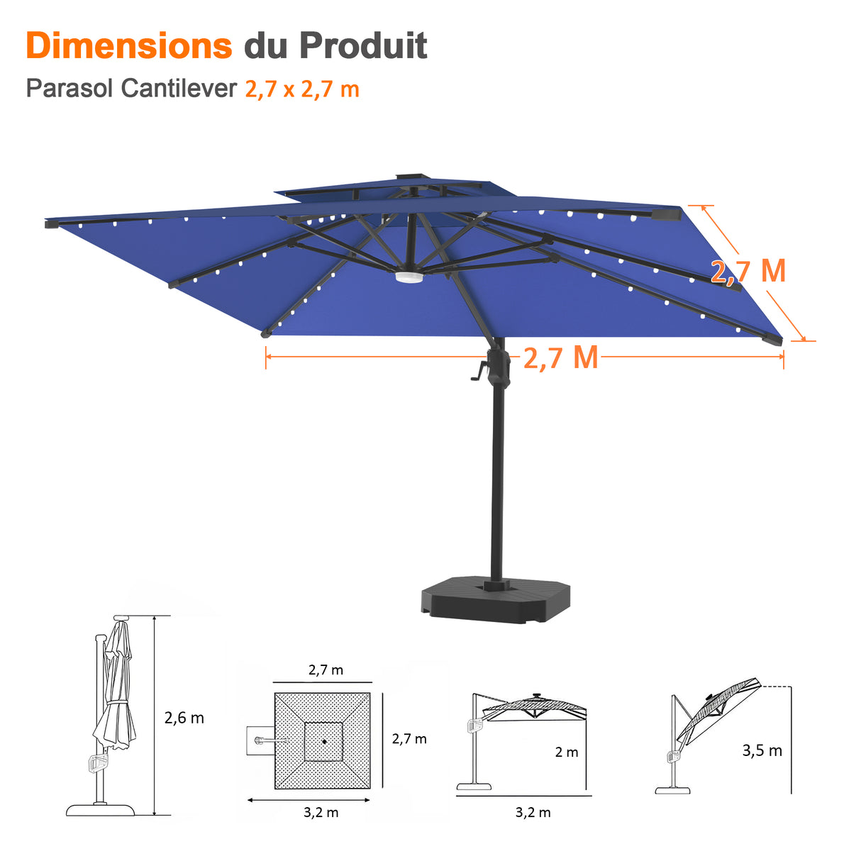 Parasol déporté Patioslife Aegis Pro avec éclairage LED et housse de protection, baleines et mât en aluminium à revêtement thermolaqué — Idéal pour jardins et terrasses