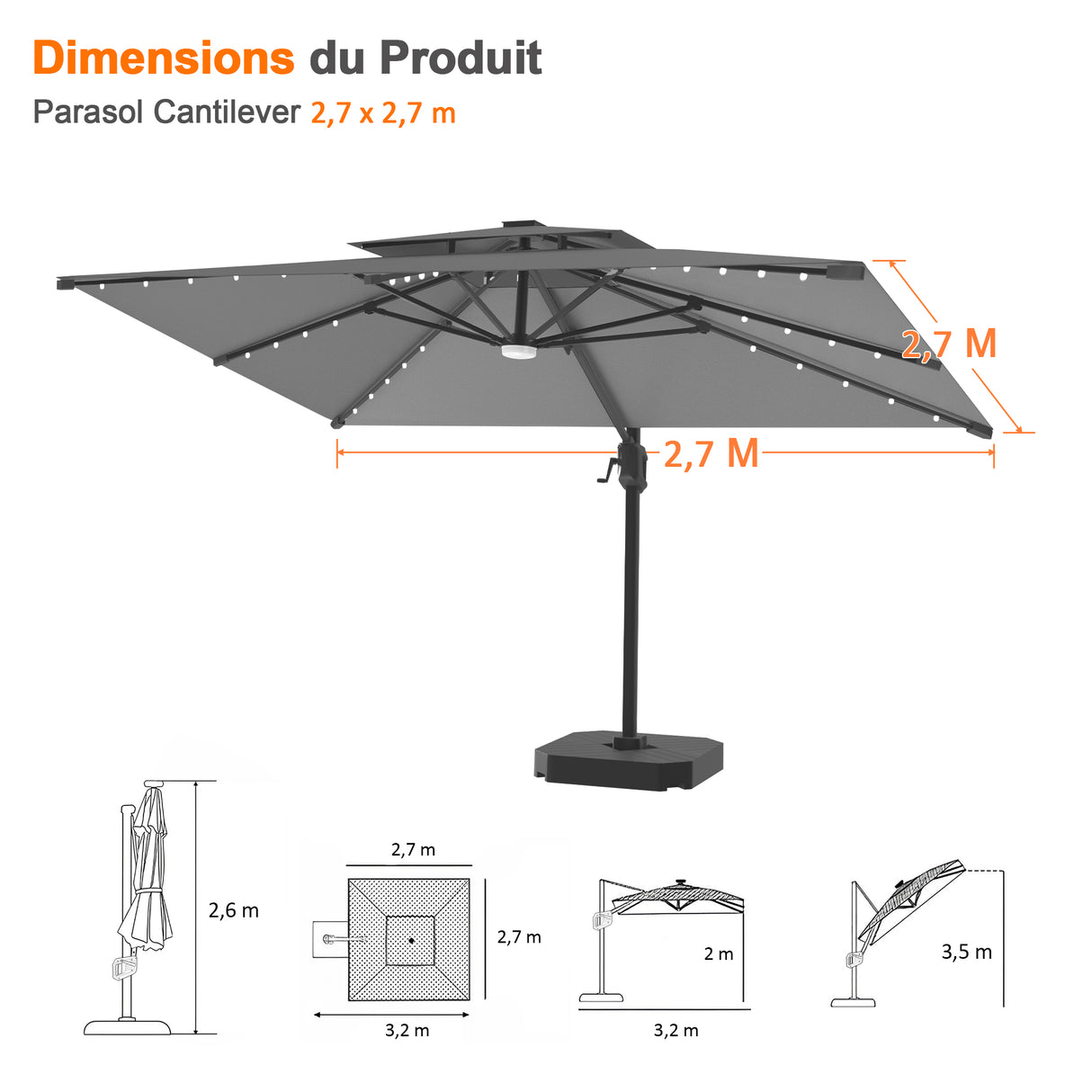 Parasol déporté Patioslife Aegis Pro avec éclairage LED et housse de protection, baleines et mât en aluminium à revêtement thermolaqué — Idéal pour jardins et terrasses