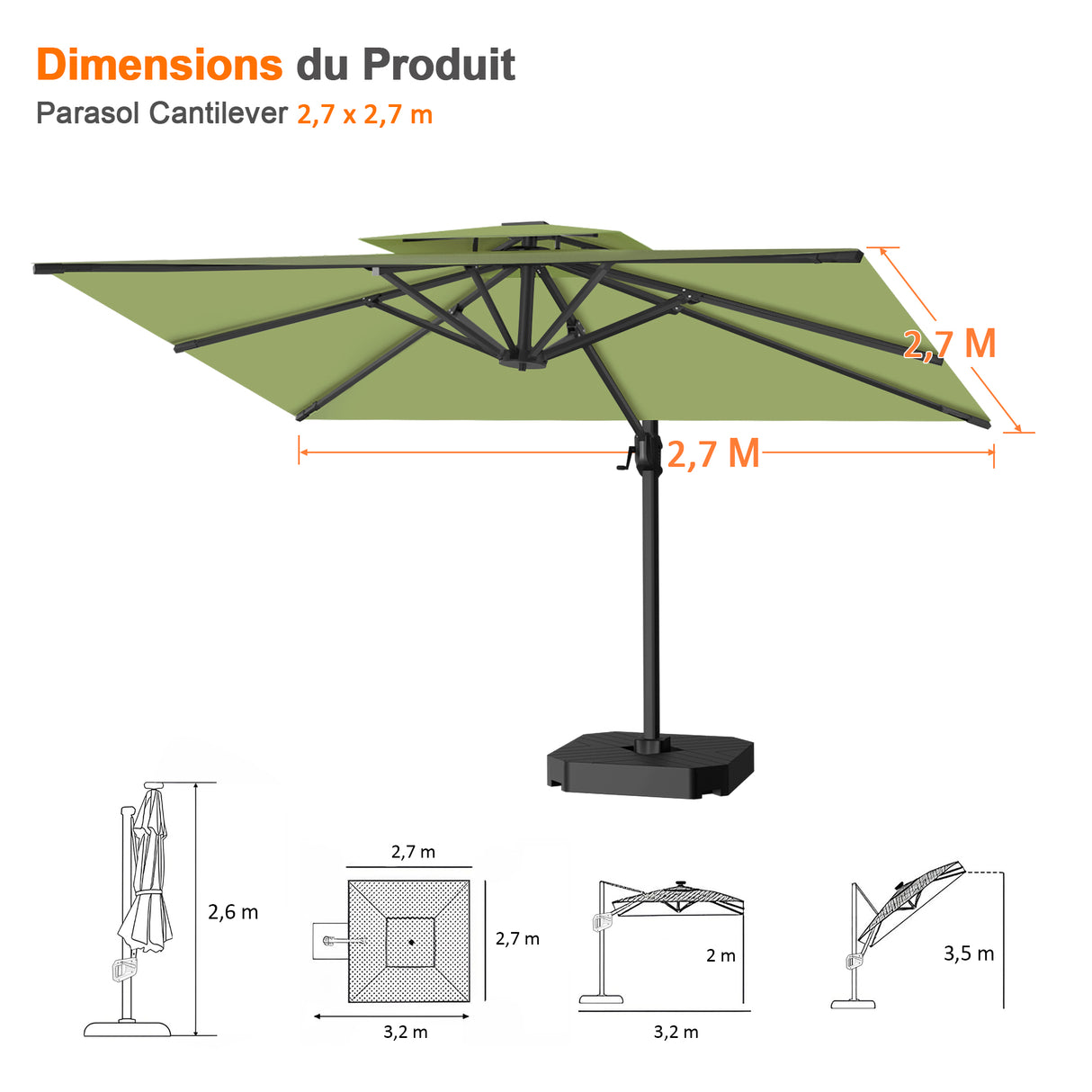 Parasol déporté Patioslife Aegis Pro™ avec base et housse de protection — Baleines en fibre de verre et mât en aluminium à revêtement thermolaqué pour jardin et terrasse