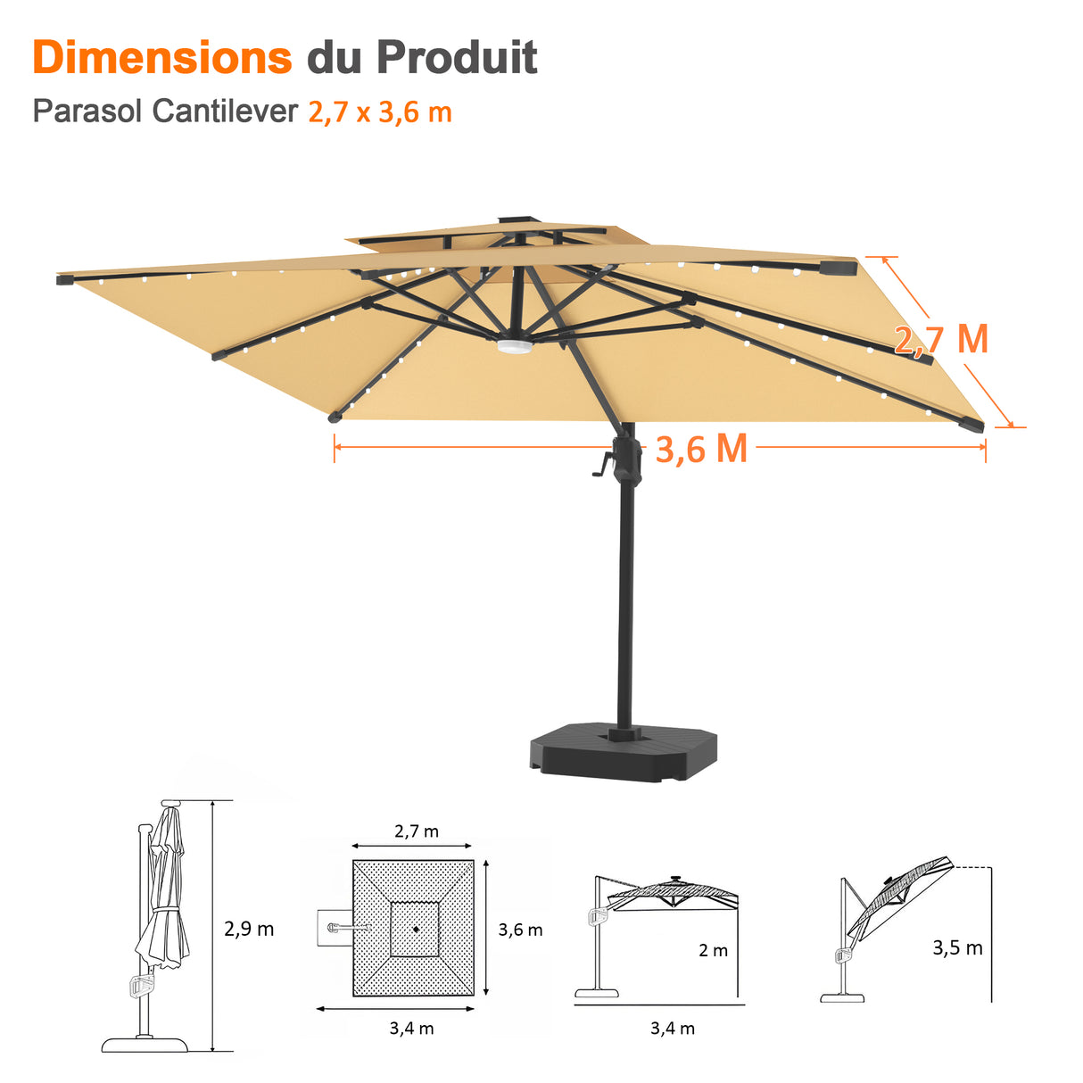 Parasol déporté Patioslife Aegis Pro avec éclairage LED et housse de protection, baleines et mât en aluminium à revêtement thermolaqué — Idéal pour jardins et terrasses
