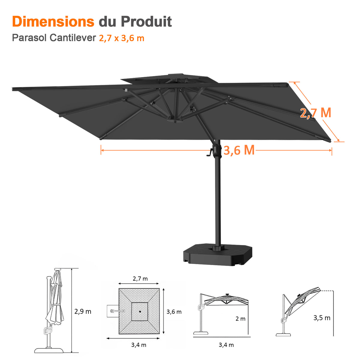 Parasol déporté Patioslife Aegis Pro™ avec base et housse de protection — Baleines en fibre de verre et mât en aluminium à revêtement thermolaqué pour jardin et terrasse