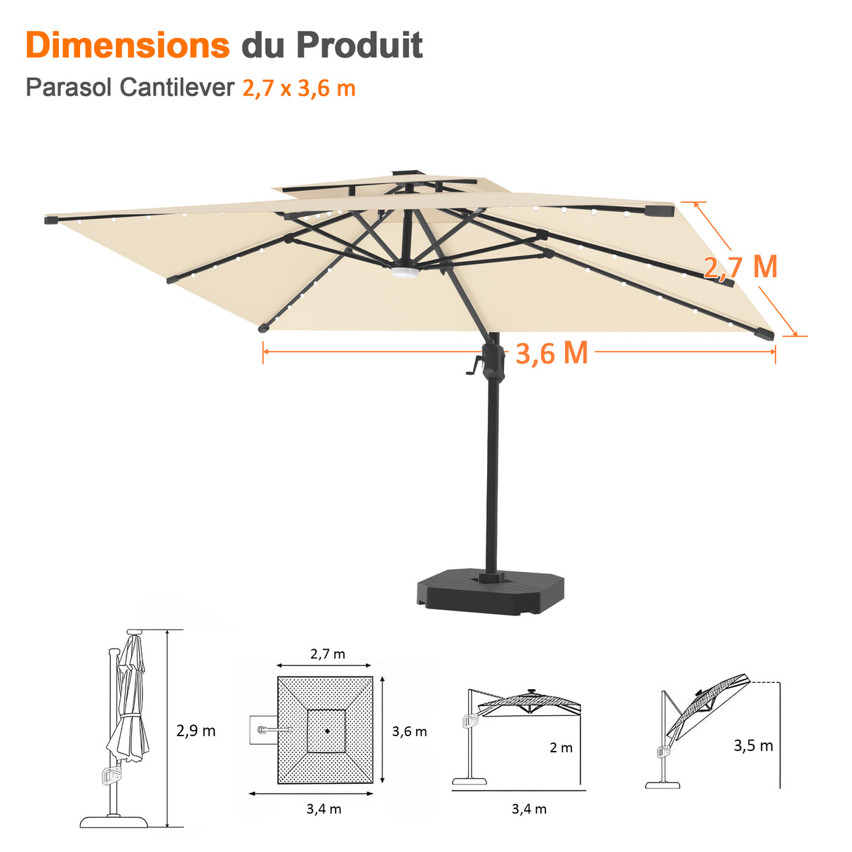 Parasol déporté Patioslife Aegis Pro avec éclairage LED et housse de protection, baleines et mât en aluminium à revêtement thermolaqué — Idéal pour jardins et terrasses