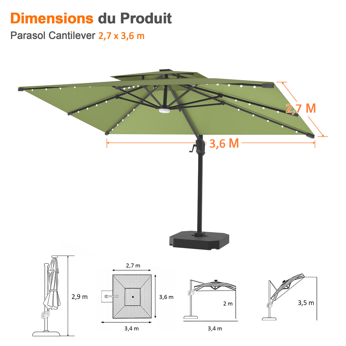 Parasol déporté Patioslife Aegis Pro avec éclairage LED et housse de protection, baleines et mât en aluminium à revêtement thermolaqué — Idéal pour jardins et terrasses