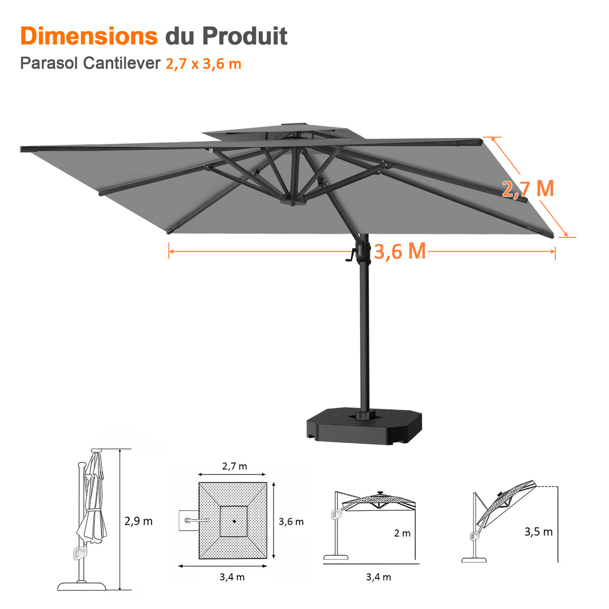 Parasol déporté Patioslife Aegis Pro™ avec base et housse de protection — Baleines en fibre de verre et mât en aluminium à revêtement thermolaqué pour jardin et terrasse