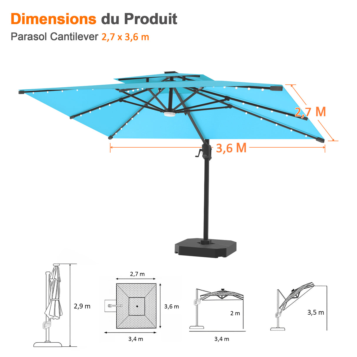 Parasol déporté Patioslife Aegis Pro avec éclairage LED et housse de protection, baleines et mât en aluminium à revêtement thermolaqué — Idéal pour jardins et terrasses