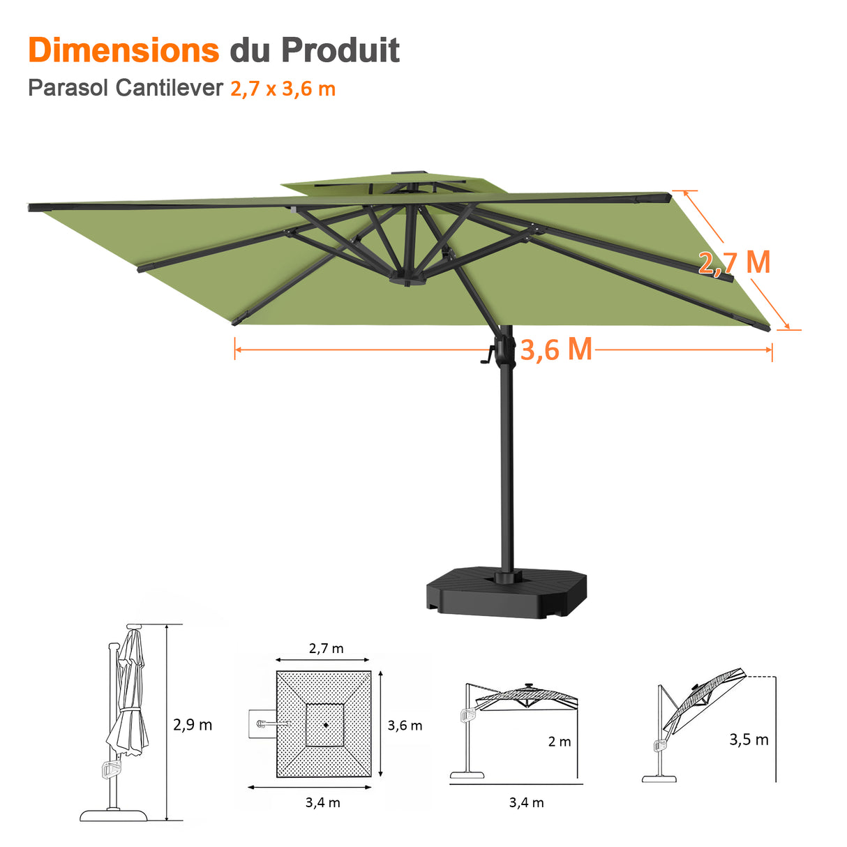 Parasol déporté Patioslife Aegis Pro™ avec base et housse de protection — Baleines en fibre de verre et mât en aluminium à revêtement thermolaqué pour jardin et terrasse