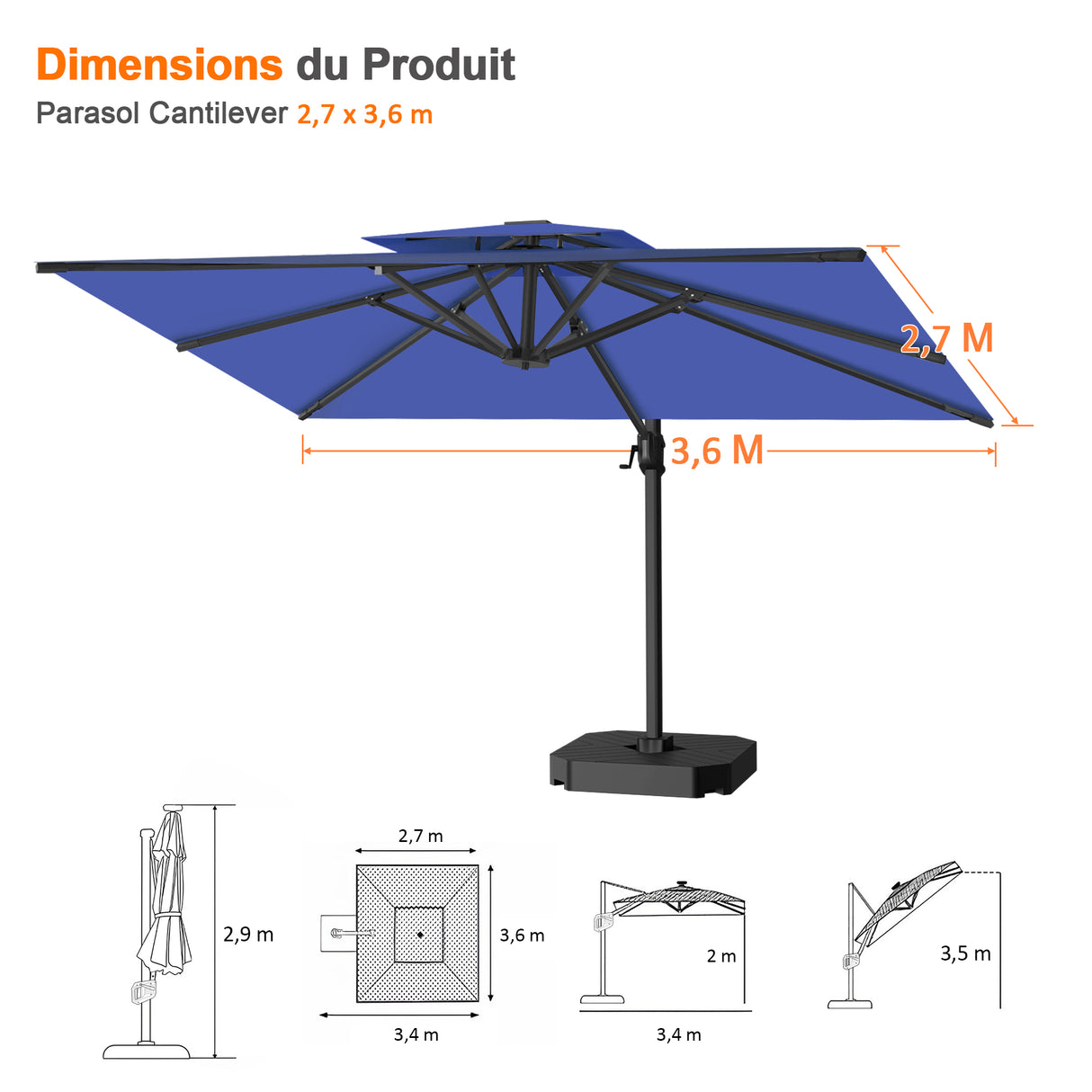 Parasol déporté Patioslife Aegis Pro™ avec base et housse de protection — Baleines en fibre de verre et mât en aluminium à revêtement thermolaqué pour jardin et terrasse
