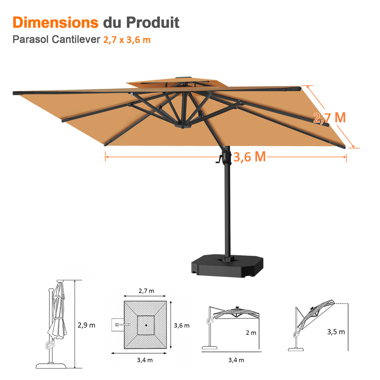 Parasol déporté Patioslife Aegis Pro™ avec base et housse de protection — Baleines en fibre de verre et mât en aluminium à revêtement thermolaqué pour jardin et terrasse