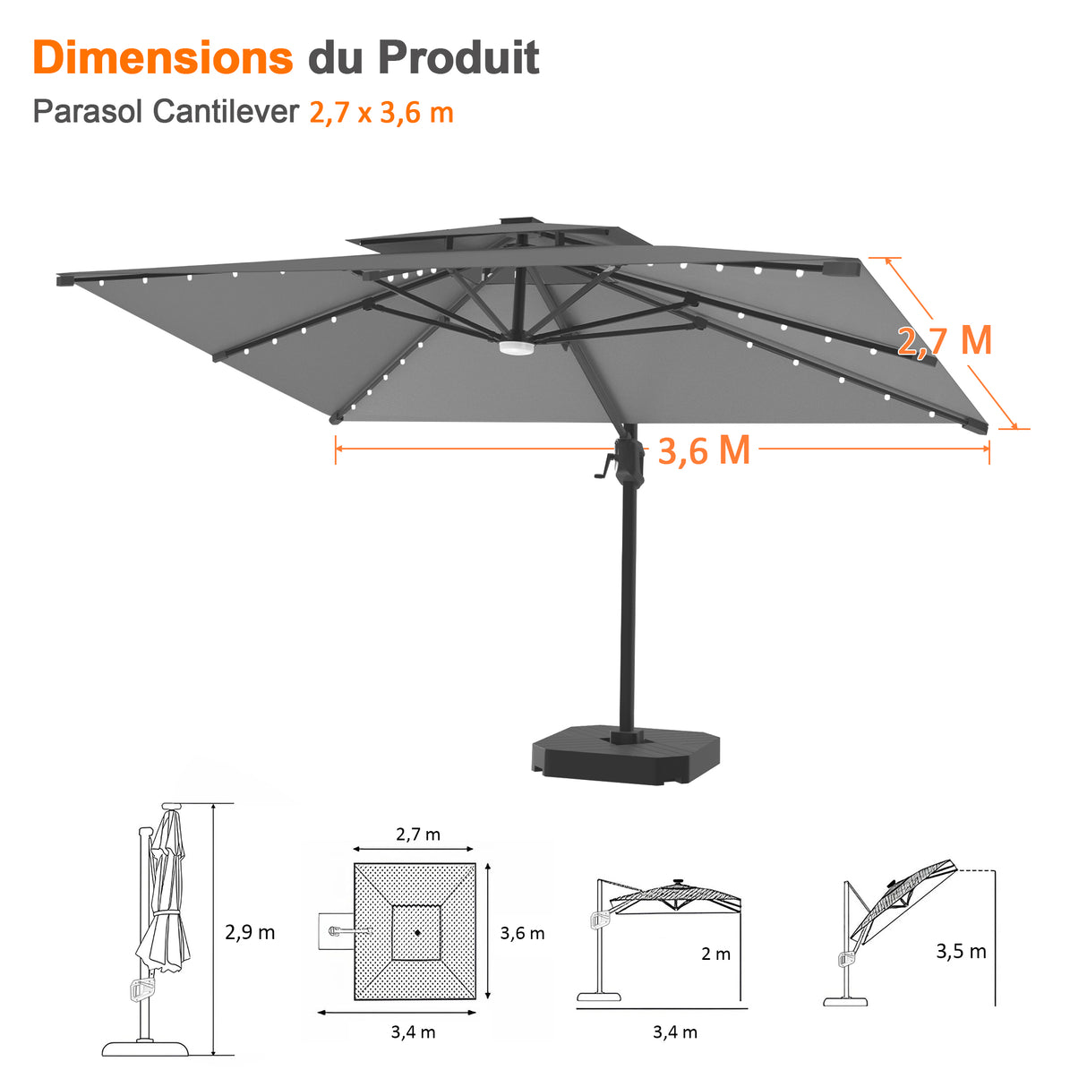 Parasol déporté Patioslife Aegis Pro avec éclairage LED et housse de protection, baleines et mât en aluminium à revêtement thermolaqué — Idéal pour jardins et terrasses