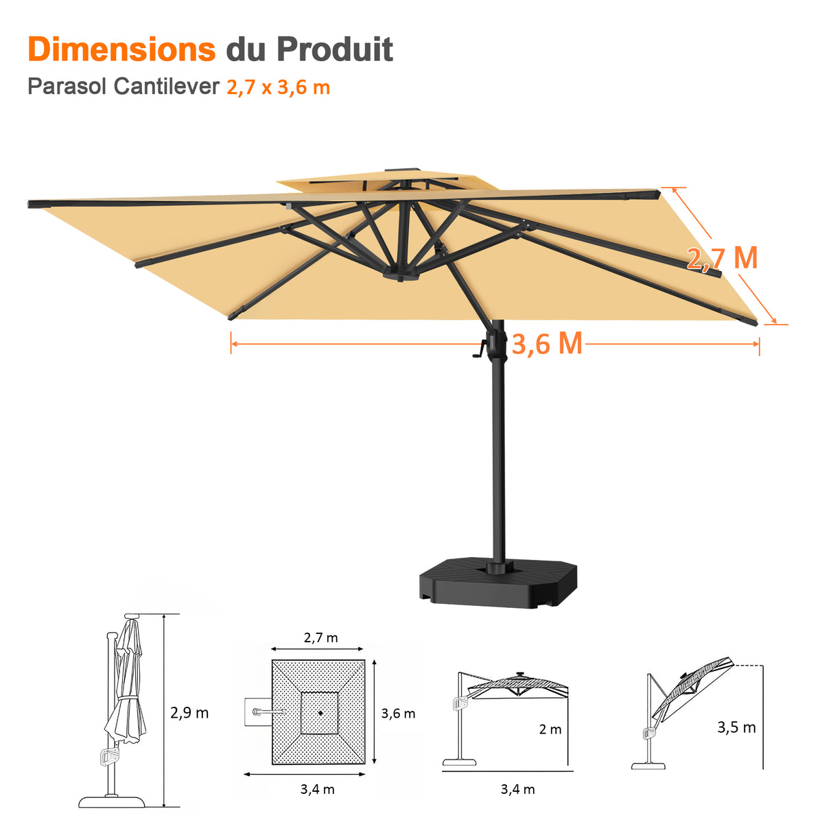 Parasol déporté Patioslife Aegis Pro™ avec base et housse de protection — Baleines en fibre de verre et mât en aluminium à revêtement thermolaqué pour jardin et terrasse