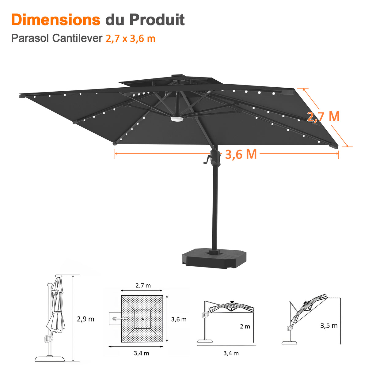 Parasol déporté Patioslife Aegis Pro avec éclairage LED et housse de protection, baleines et mât en aluminium à revêtement thermolaqué — Idéal pour jardins et terrasses
