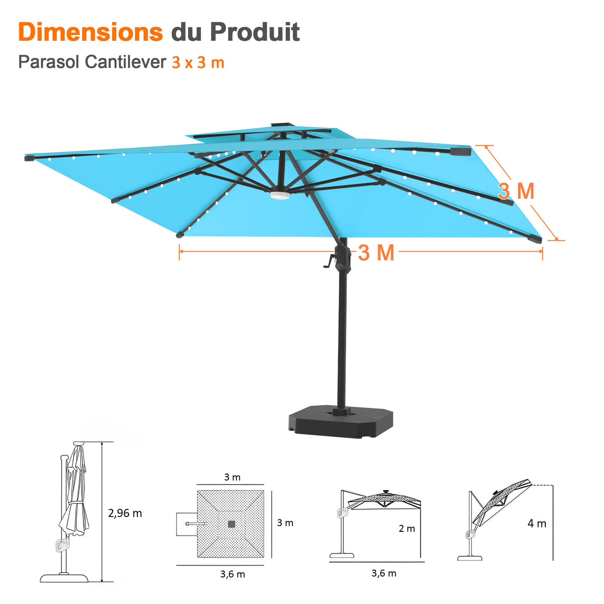 Parasol déporté Patioslife Aegis Pro avec éclairage LED et housse de protection, baleines et mât en aluminium à revêtement thermolaqué — Idéal pour jardins et terrasses