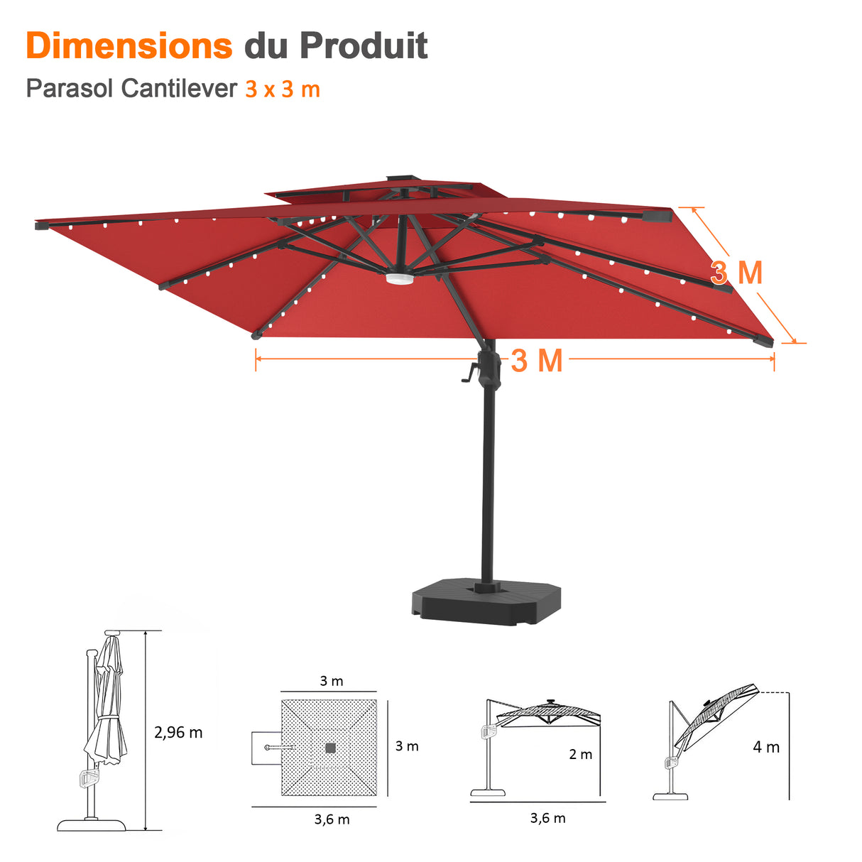 Parasol déporté Patioslife Aegis Pro avec éclairage LED et housse de protection, baleines et mât en aluminium à revêtement thermolaqué — Idéal pour jardins et terrasses