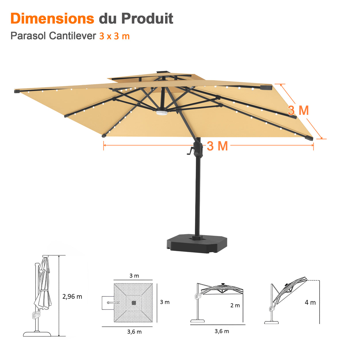 Parasol déporté Patioslife Aegis Pro avec éclairage LED et housse de protection, baleines et mât en aluminium à revêtement thermolaqué — Idéal pour jardins et terrasses