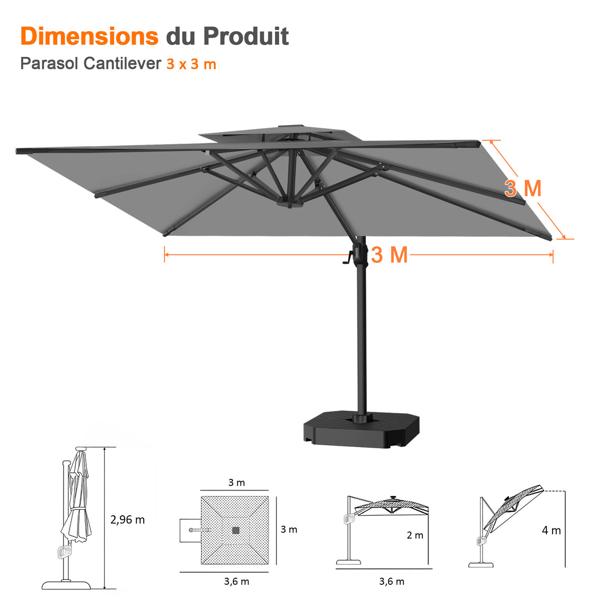 Parasol déporté Patioslife Aegis Pro™ avec base et housse de protection — Baleines en fibre de verre et mât en aluminium à revêtement thermolaqué pour jardin et terrasse