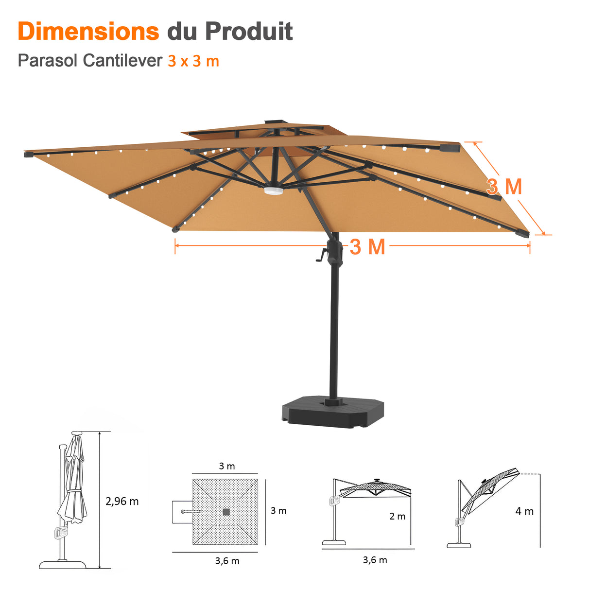 Parasol déporté Patioslife Aegis Pro avec éclairage LED et housse de protection, baleines et mât en aluminium à revêtement thermolaqué — Idéal pour jardins et terrasses