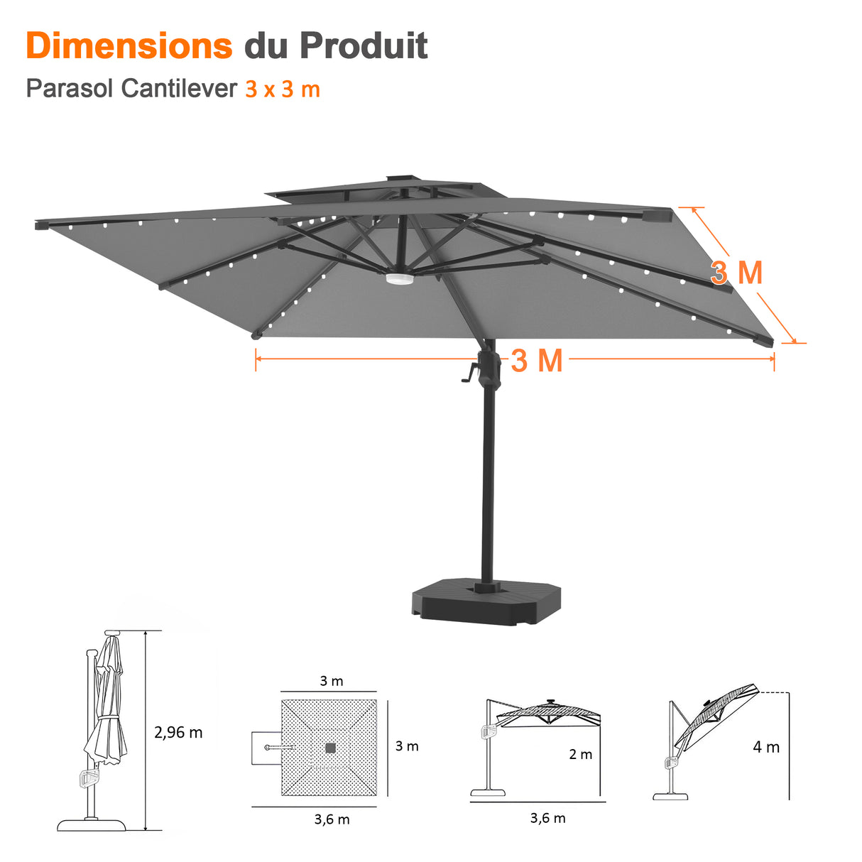 Parasol déporté Patioslife Aegis Pro avec éclairage LED et housse de protection, baleines et mât en aluminium à revêtement thermolaqué — Idéal pour jardins et terrasses