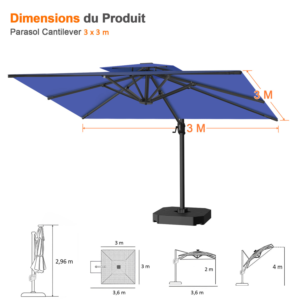 Parasol déporté Patioslife Aegis Pro™ avec base et housse de protection — Baleines en fibre de verre et mât en aluminium à revêtement thermolaqué pour jardin et terrasse