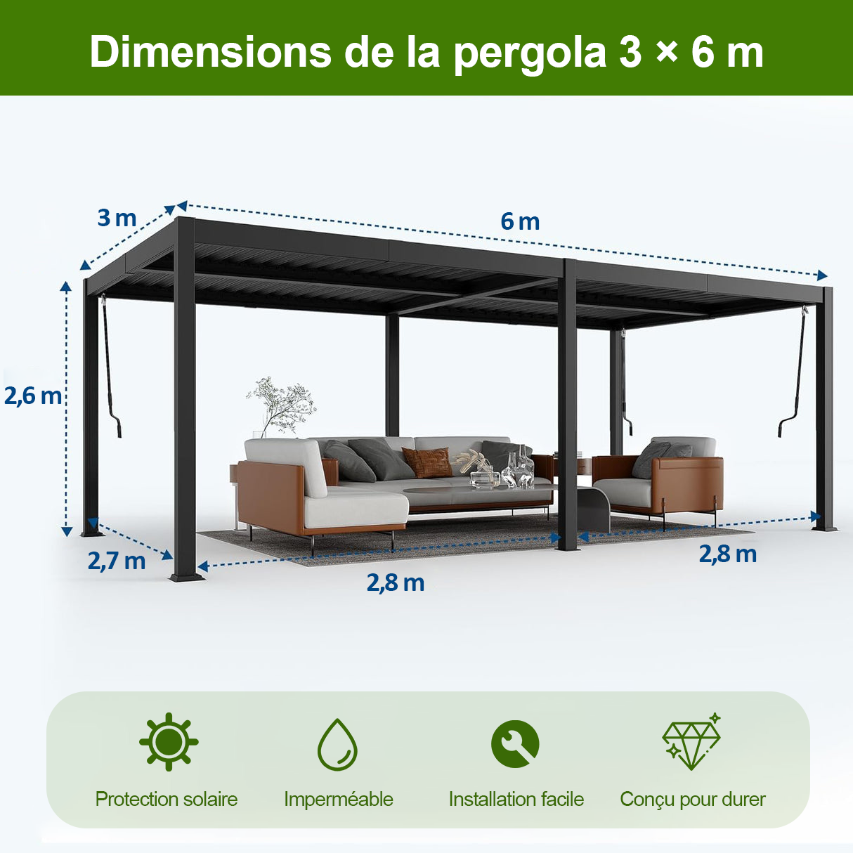 Patioslife Atlantic™ | Pergola à lames orientables en aluminium avec toit réglable et éclairage LED intégré, abri extérieur autonome pour terrasse, patio et piscine
