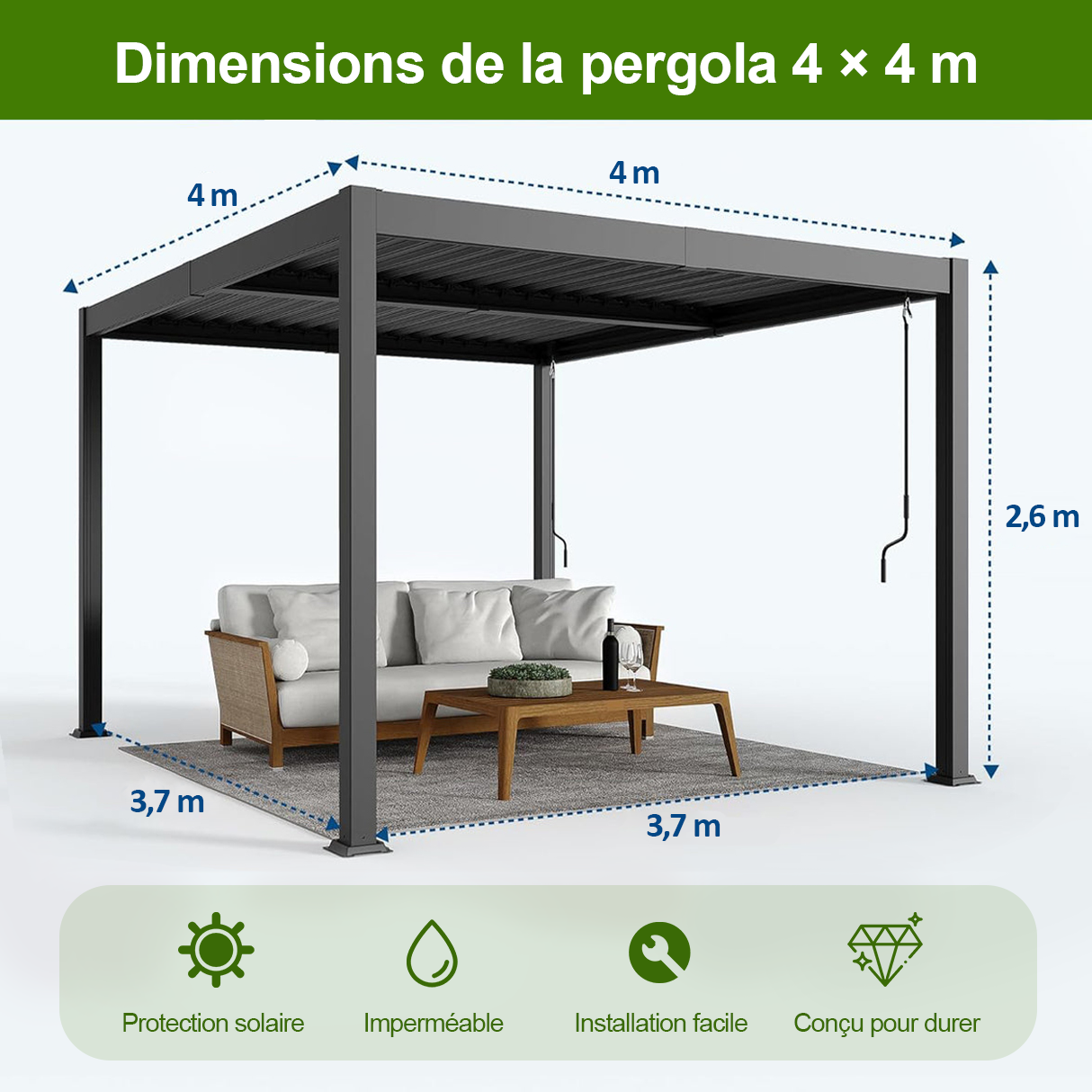Patioslife Atlantic™ | Pergola à lames orientables en aluminium avec toit réglable et éclairage LED intégré, abri extérieur autonome pour terrasse, patio et piscine