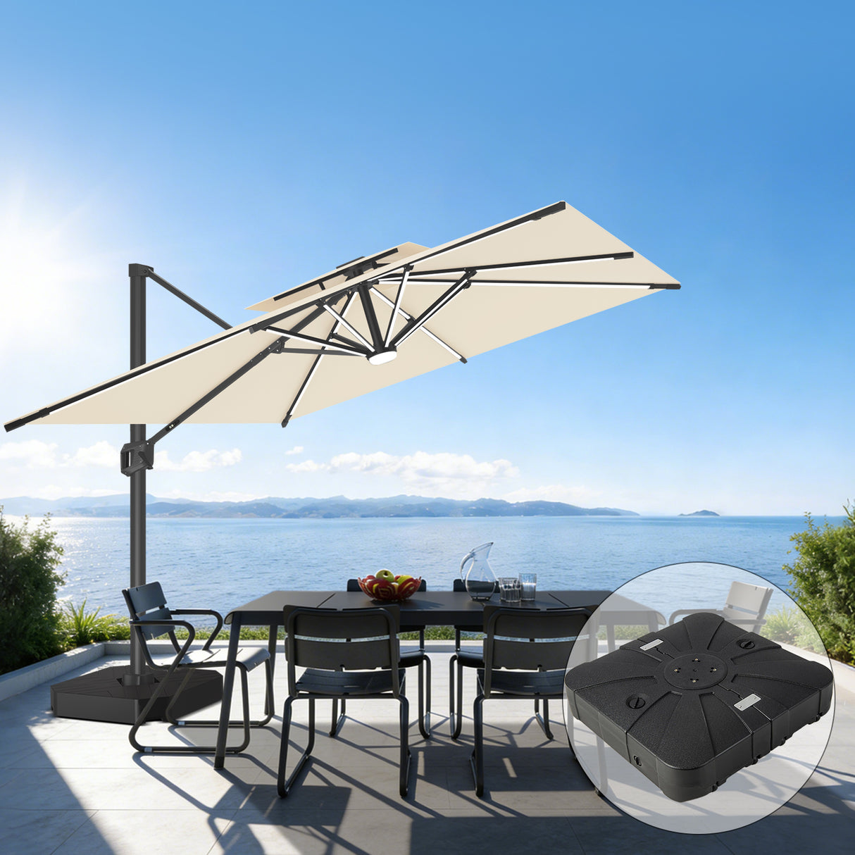 Patioslife Aegis – Parasol déporté Premium avec éclairage LED intégré, base croisée en métal et baleines en fibre de verre