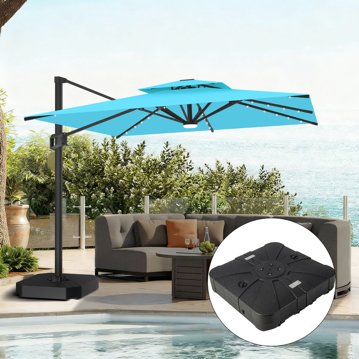 Parasol déporté Patioslife Aegis Pro avec éclairage LED et housse de protection, baleines et mât en aluminium à revêtement thermolaqué — Idéal pour jardins et terrasses